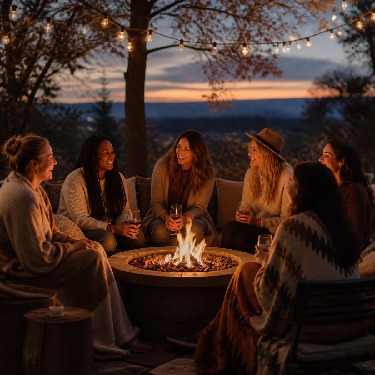 Women gathered around a firepit at dusk under string lights