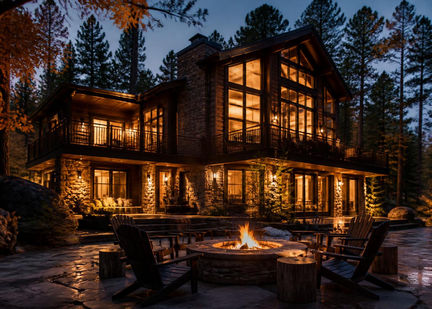 Warmly lit retreat house with a firepit at dusk