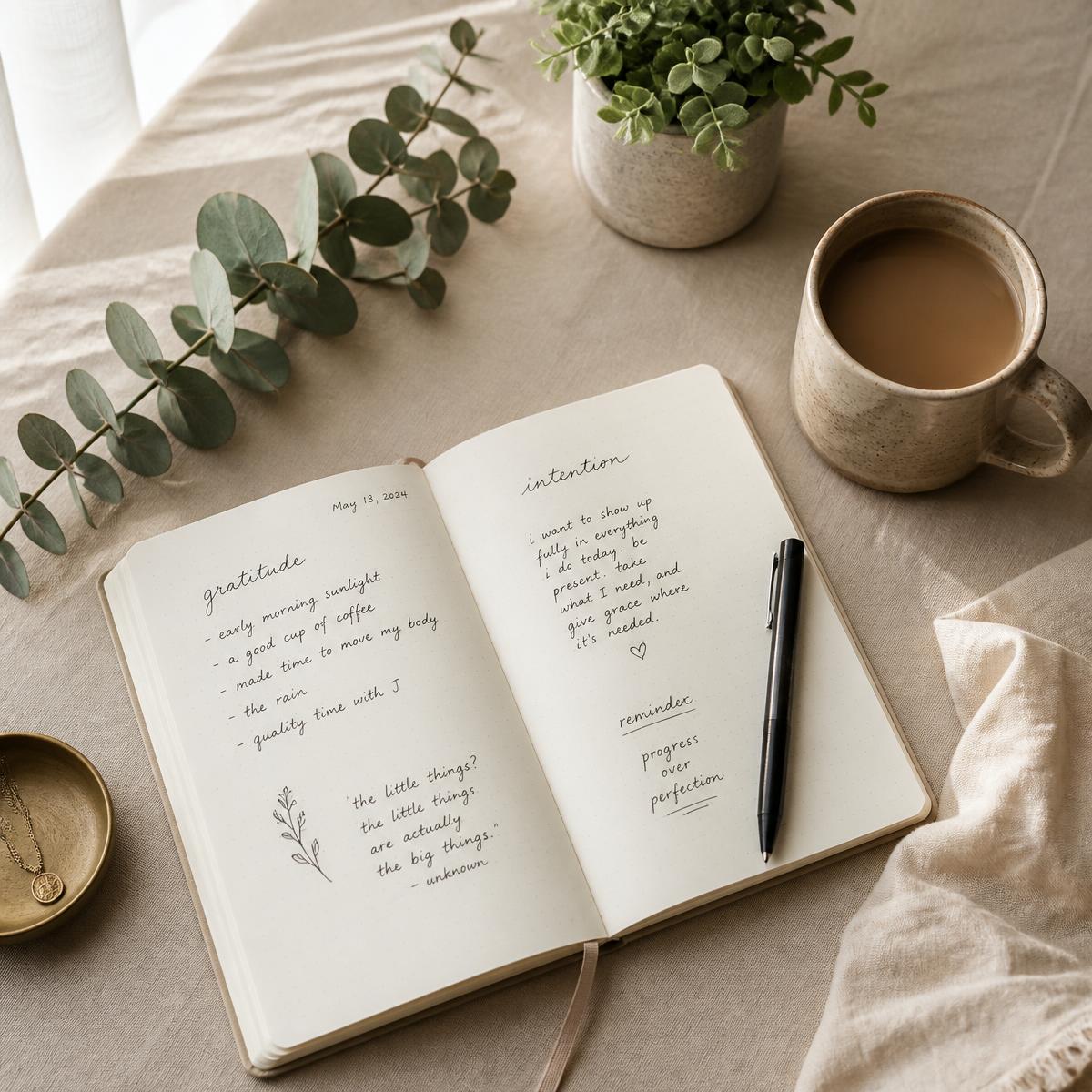 Open journal, coffee, and eucalyptus on a linen table