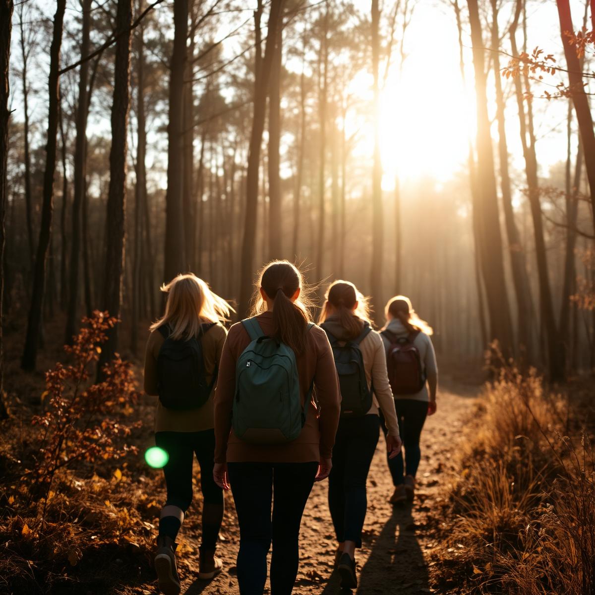 Women hiking together through a sunlit forest