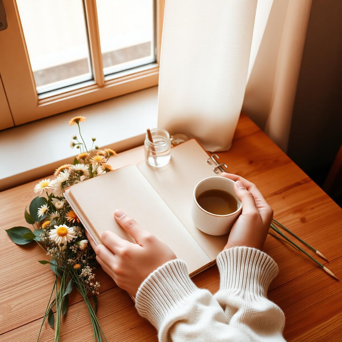 Hands holding a journal and tea by a sunlit window