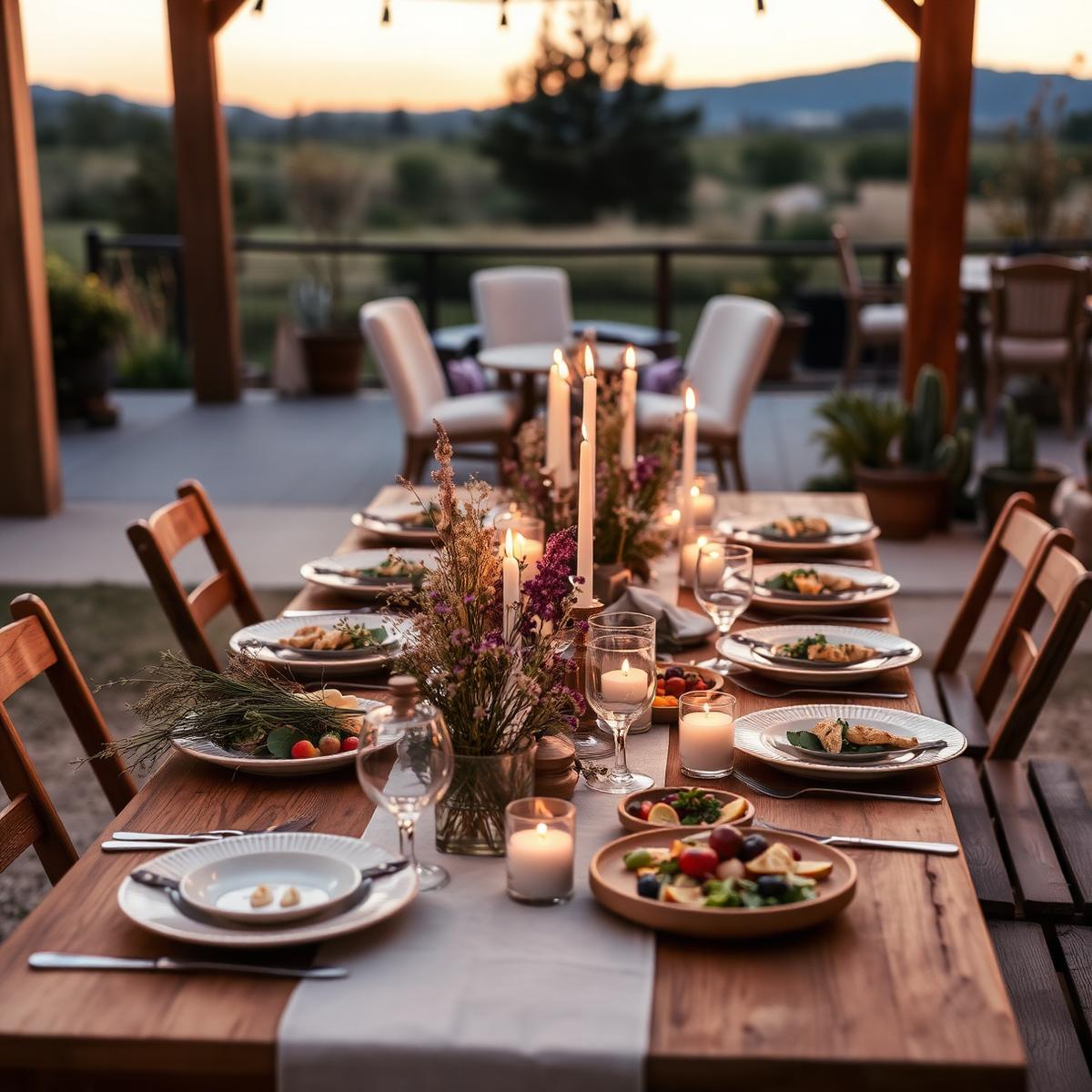Communal table set with candles and healthy food at dusk