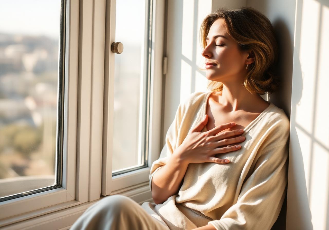 A woman pausing peacefully in warm morning light