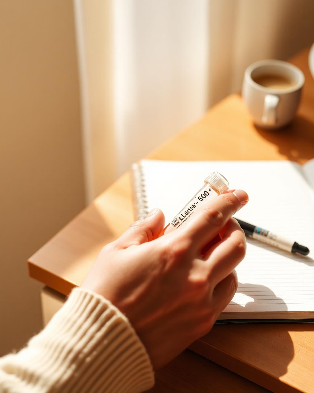 Hands holding a functional medicine lab vial beside a journal in soft morning light