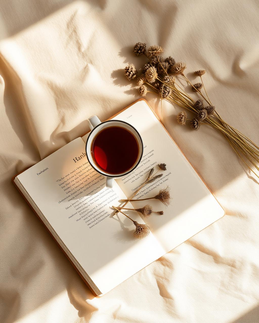 Open journal, herbal tea, and dried botanicals in soft light