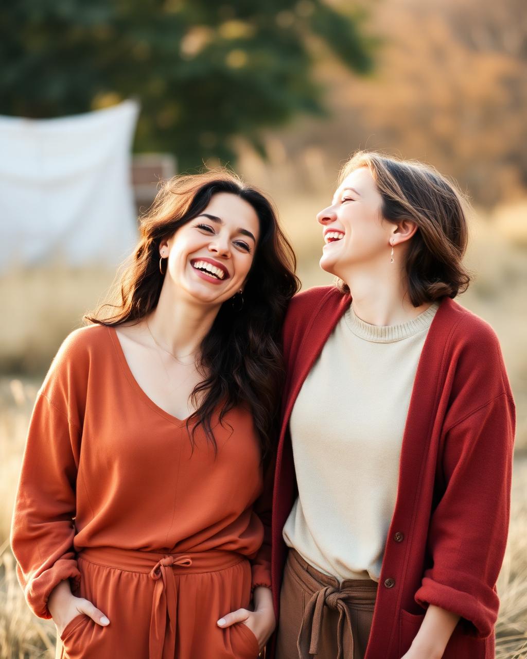 Two women laughing together in golden light