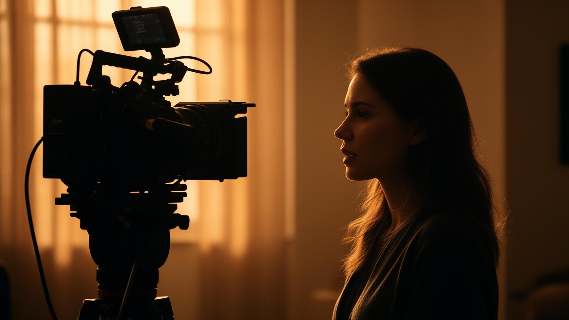 Cinematic interview setup with camera and subject